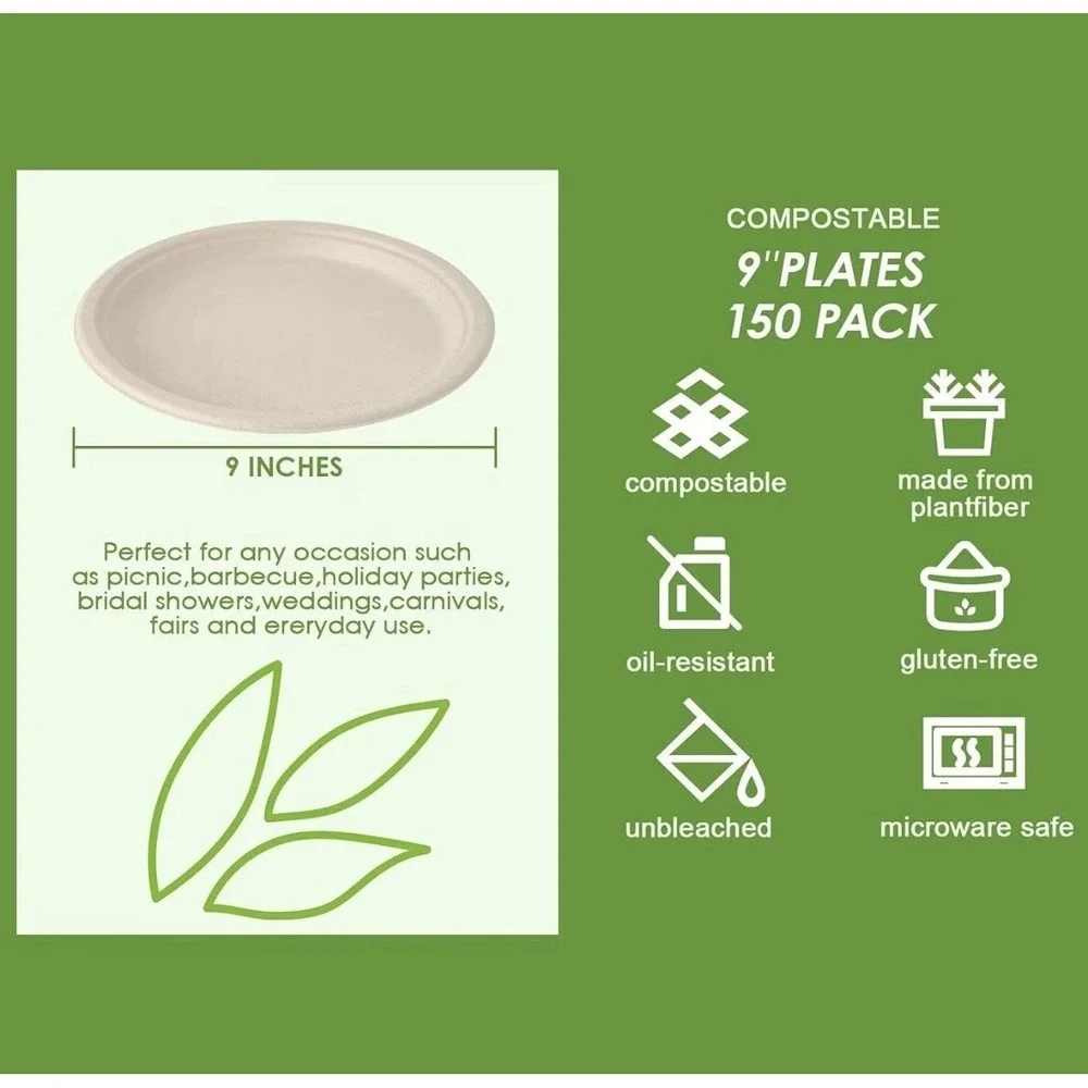 Vplus 150 Pack Compostable Disposable Paper Plates 10.25 inch Super Strong